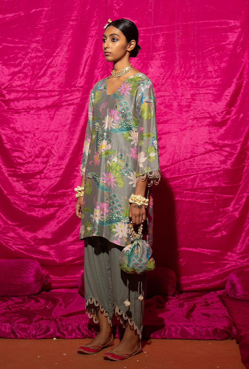 Grey Printed Short Kamli Kurta Set