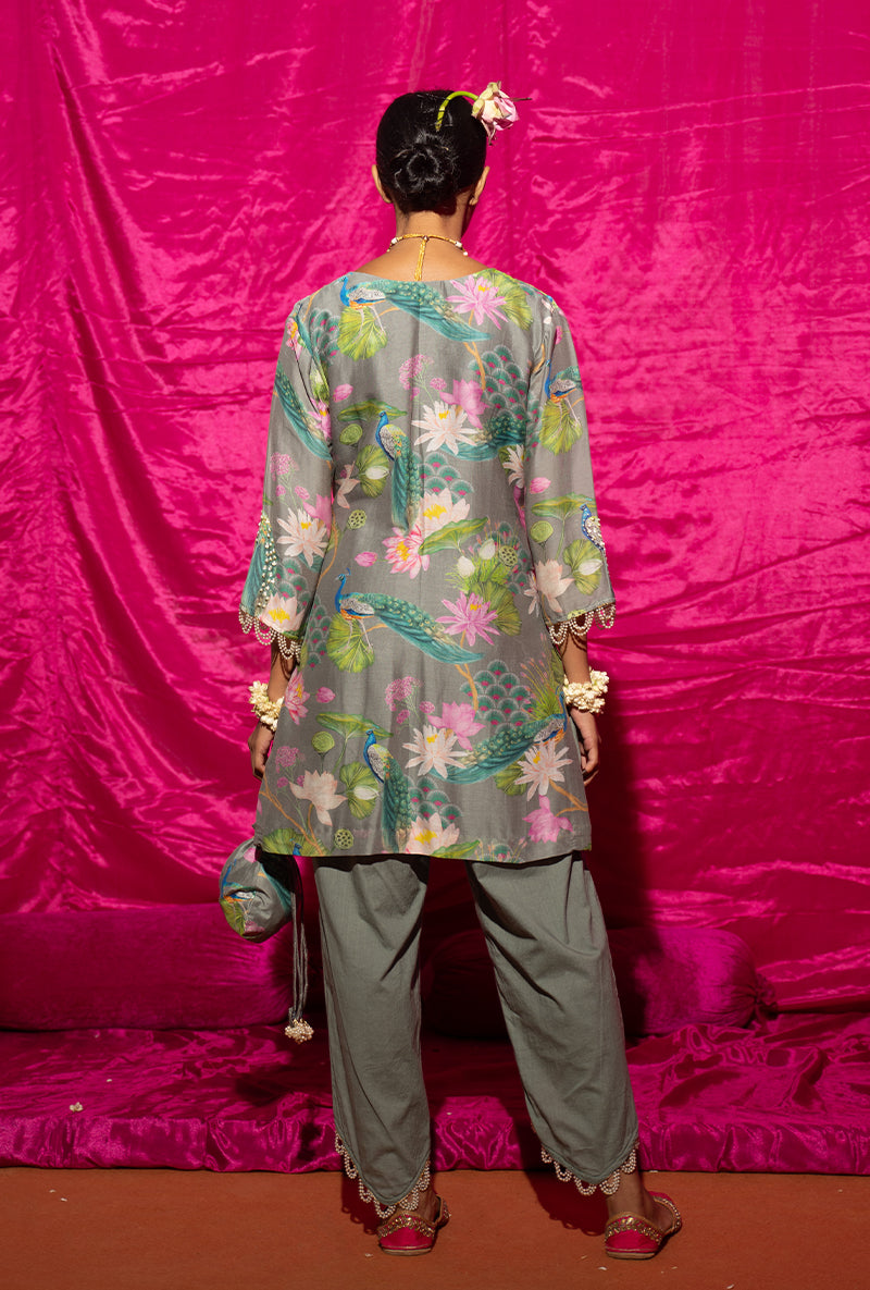 Grey Printed Short Kamli Kurta Set