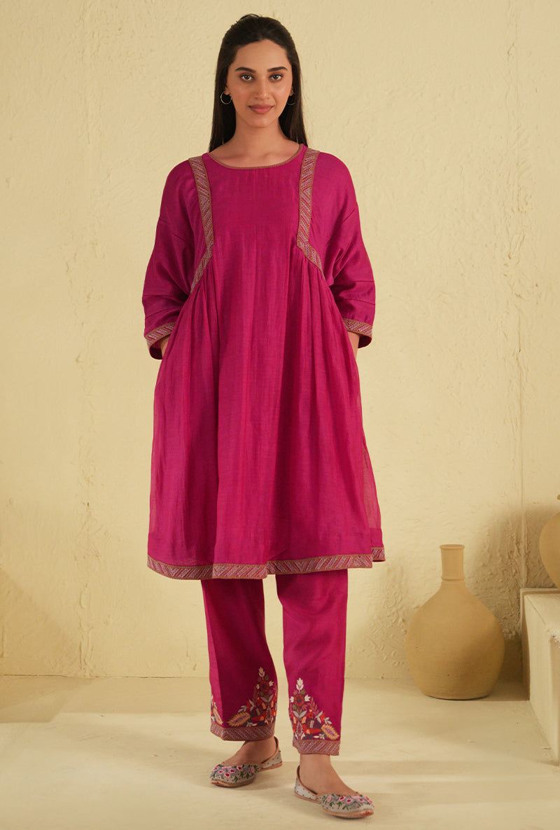 Hot Pink Peacock Side Gathered Noorie Kurta Set