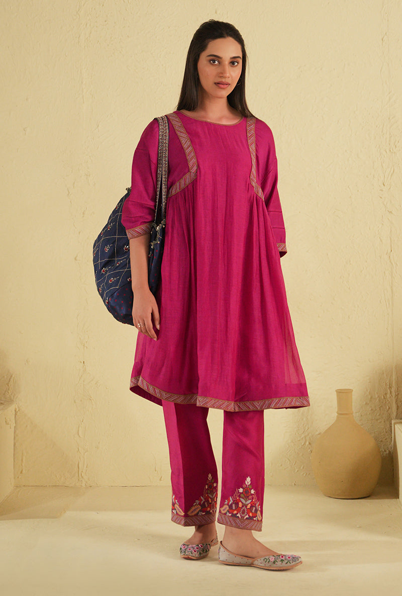 Hot Pink Peacock Side Gathered Noorie Kurta Set