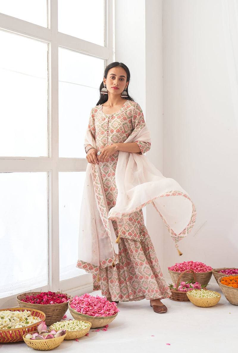 Ivory Printed Short Kurta Iris Gharara Set