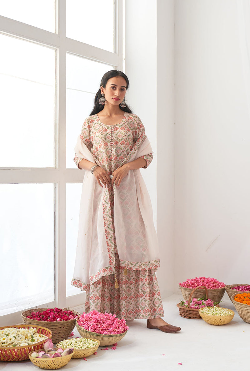 Ivory Printed Short Kurta Iris Gharara Set