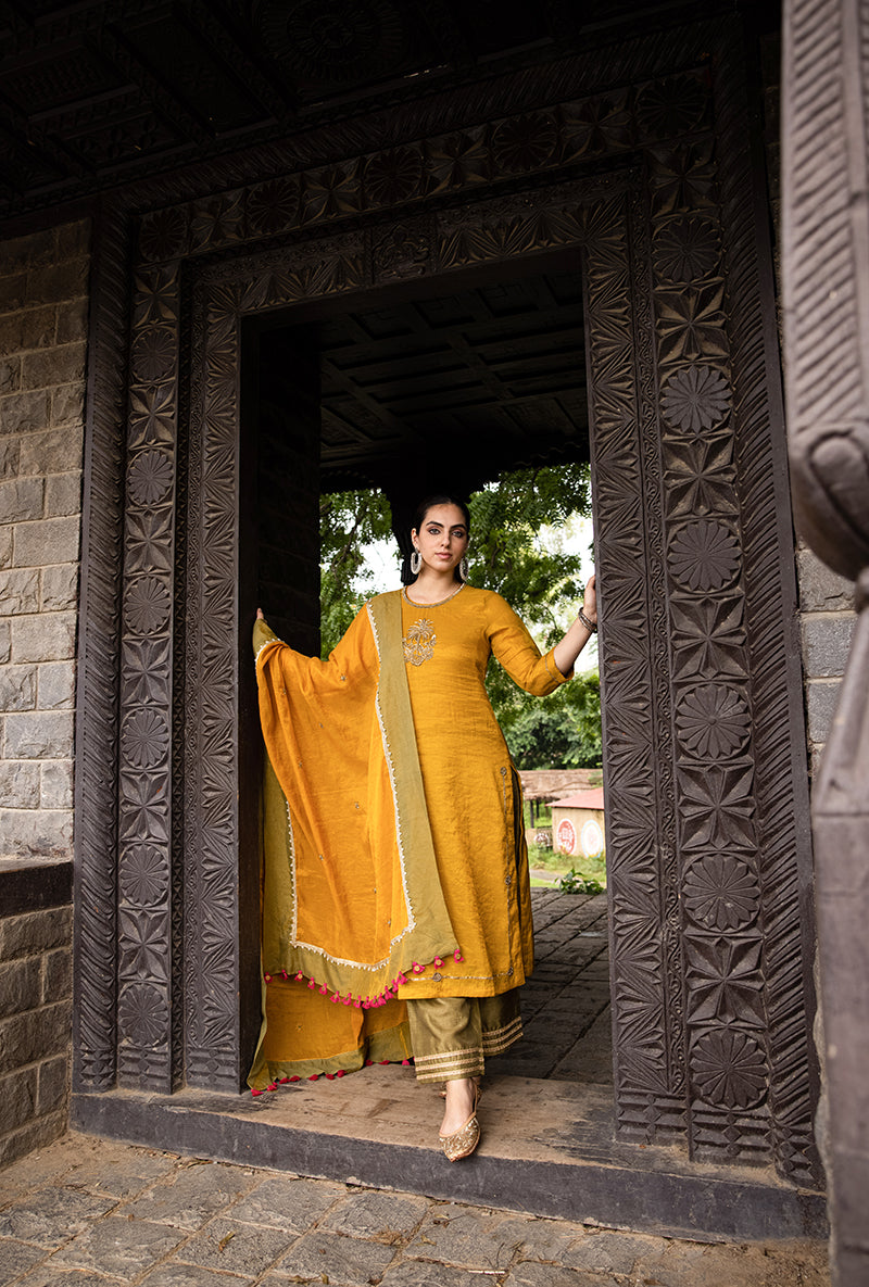 Mustard Single Palm Motif Surmayi Kurta Set