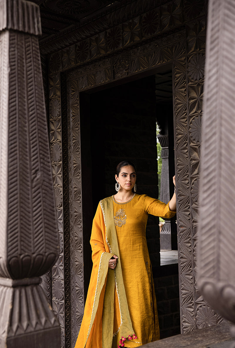 Mustard Single Palm Motif Surmayi Kurta Set