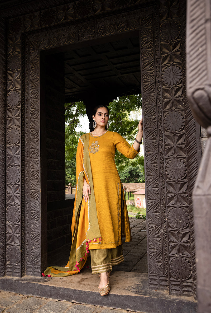 Mustard Single Palm Motif Surmayi Kurta Set