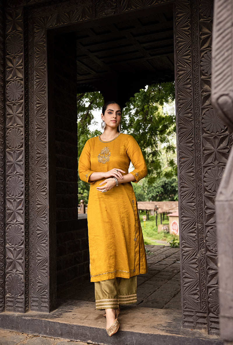 Mustard Single Palm Motif Surmayi Kurta Set