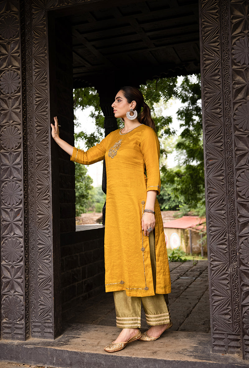 Mustard Single Palm Motif Surmayi Kurta Set