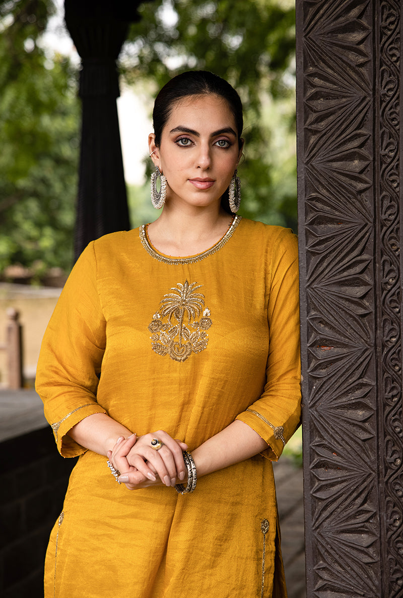 Mustard Single Palm Motif Surmayi Kurta Set