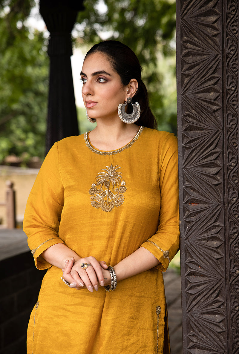 Mustard Single Palm Motif Surmayi Kurta Set