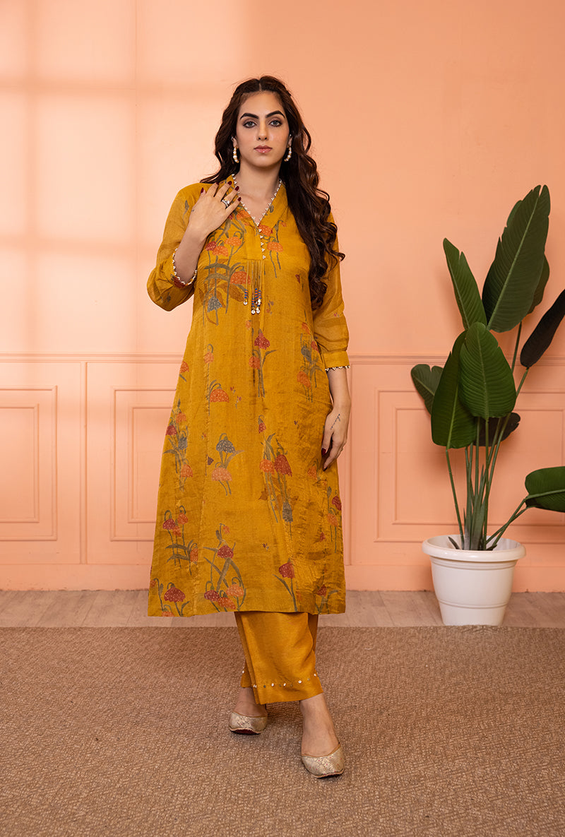 Mustard Yellow High Collar Sia Kurta Set