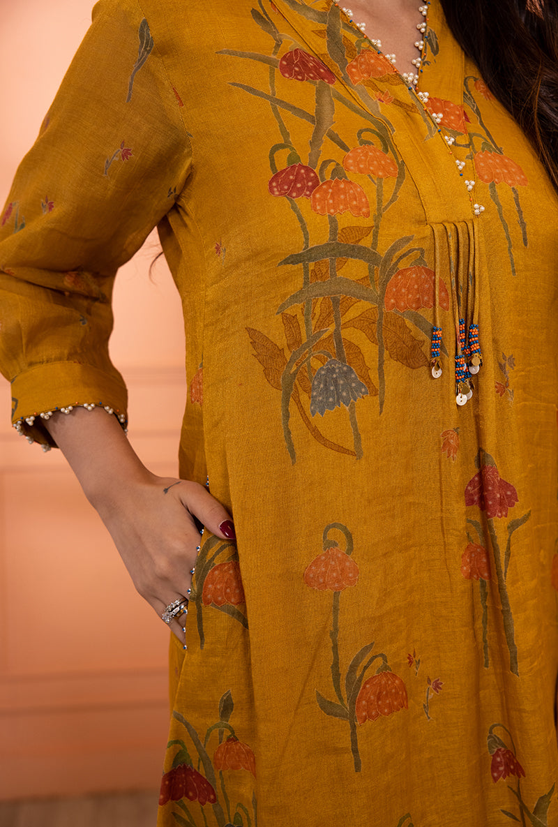 Mustard Yellow High Collar Sia Kurta Set