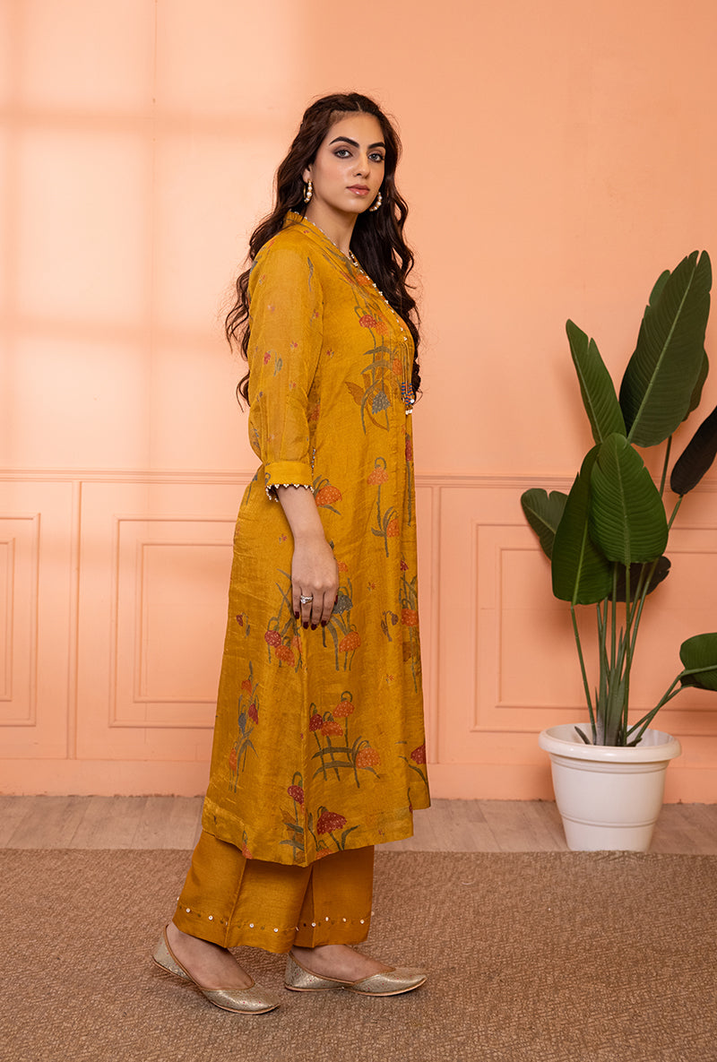 Mustard Yellow High Collar Sia Kurta Set