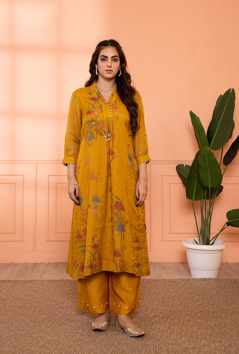 Mustard Yellow High Collar Sia Kurta Set