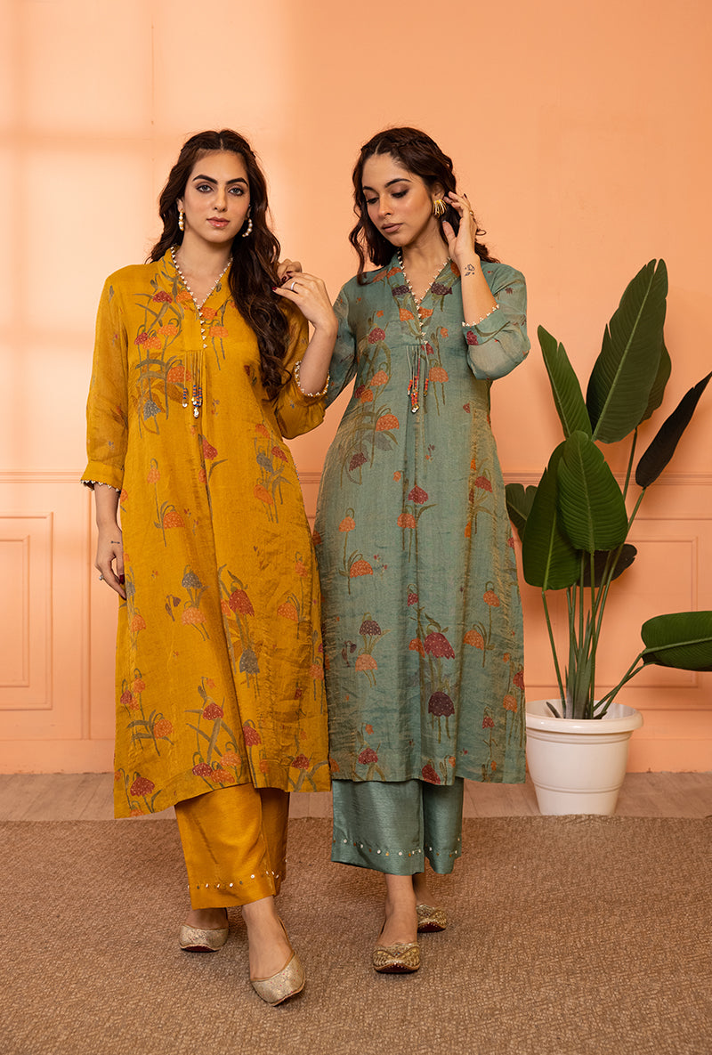 Mustard Yellow High Collar Sia Kurta Set