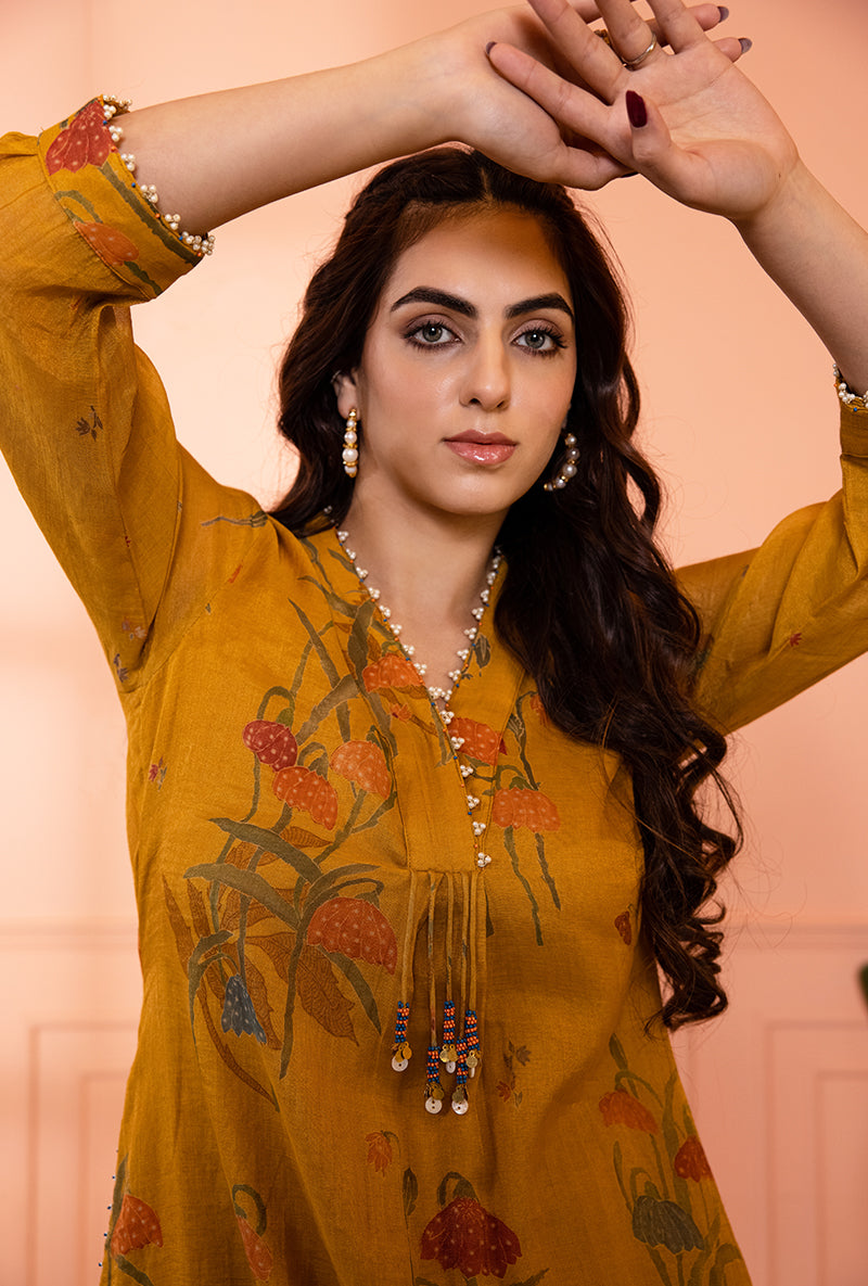 Mustard Yellow High Collar Sia Kurta Set