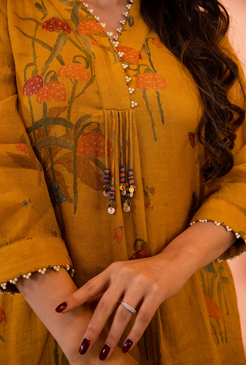 Mustard Yellow High Collar Sia Kurta Set