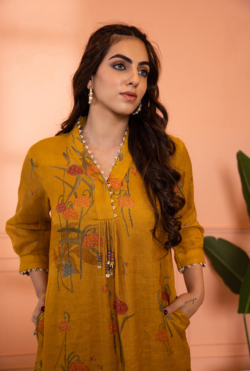 Mustard Yellow High Collar Sia Kurta Set
