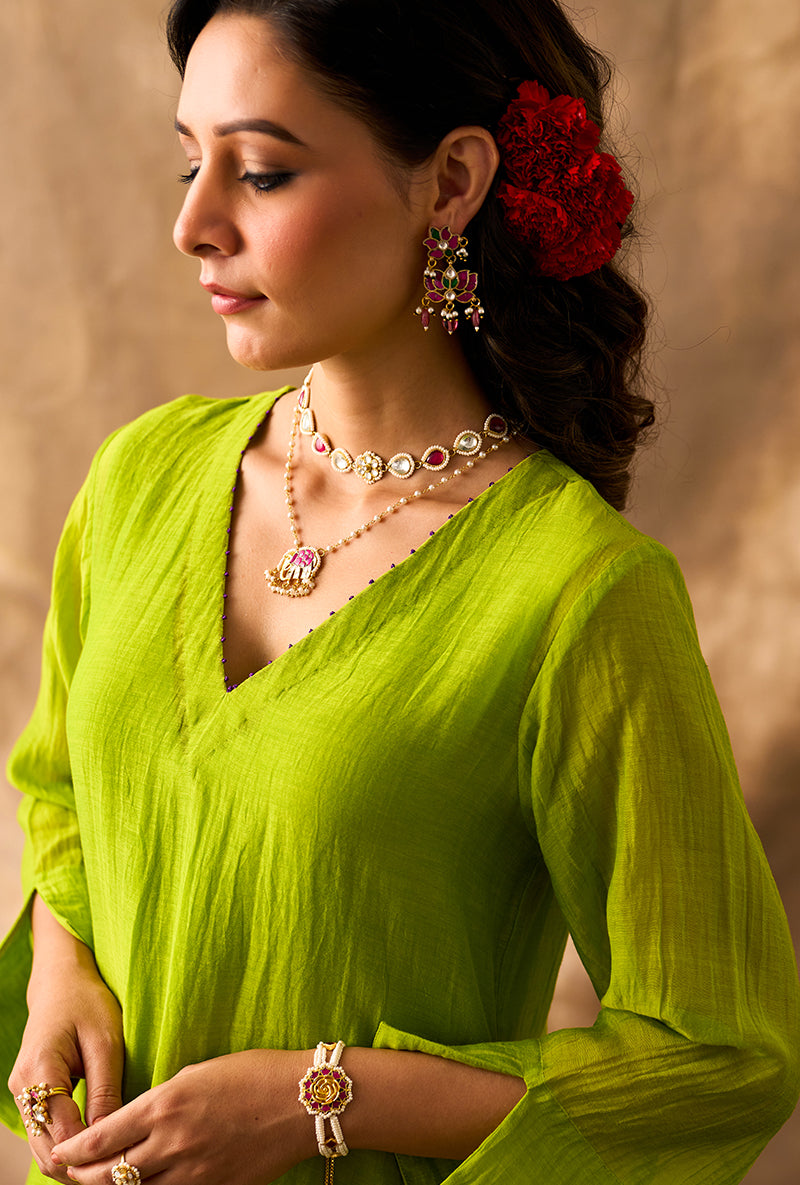 Parrot Green Hand Embroidered Khwaab Kurta Set