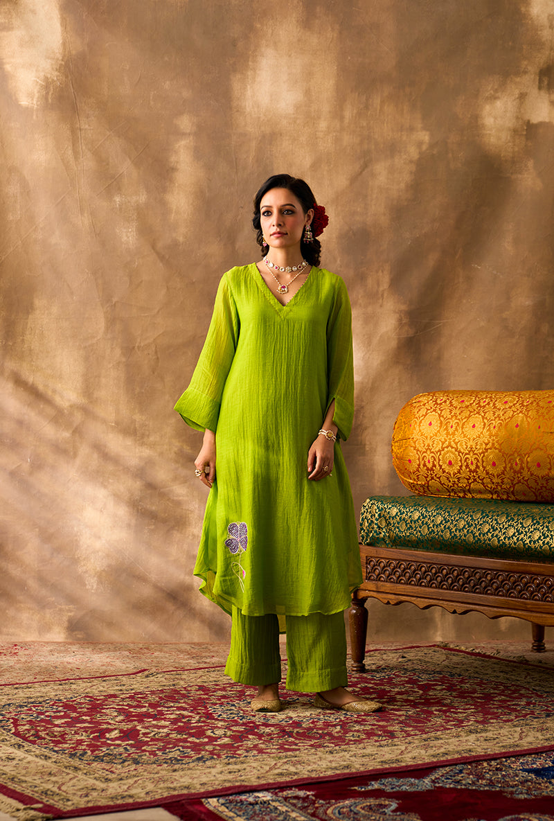 Parrot Green Hand Embroidered Khwaab Kurta Set