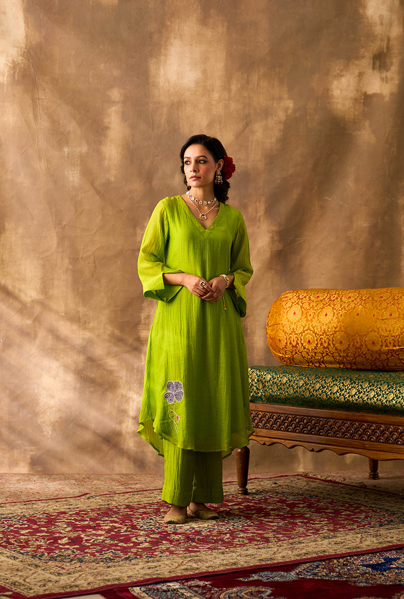 Parrot Green Hand Embroidered Khwaab Kurta Set
