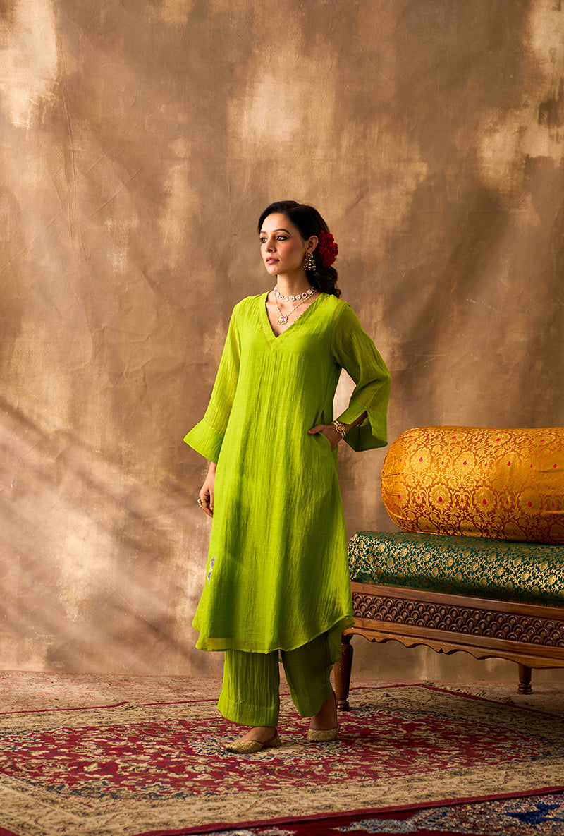 Parrot Green Hand Embroidered Khwaab Kurta Set