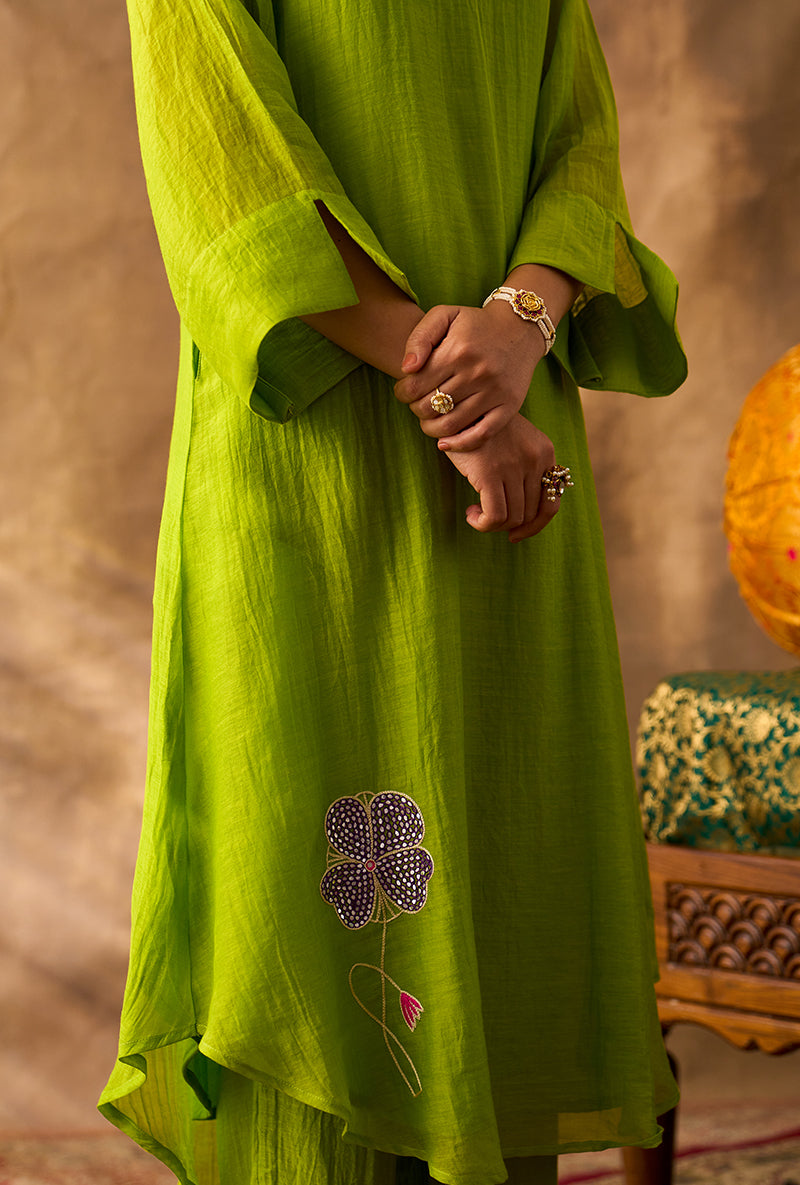 Parrot Green Hand Embroidered Khwaab Kurta Set