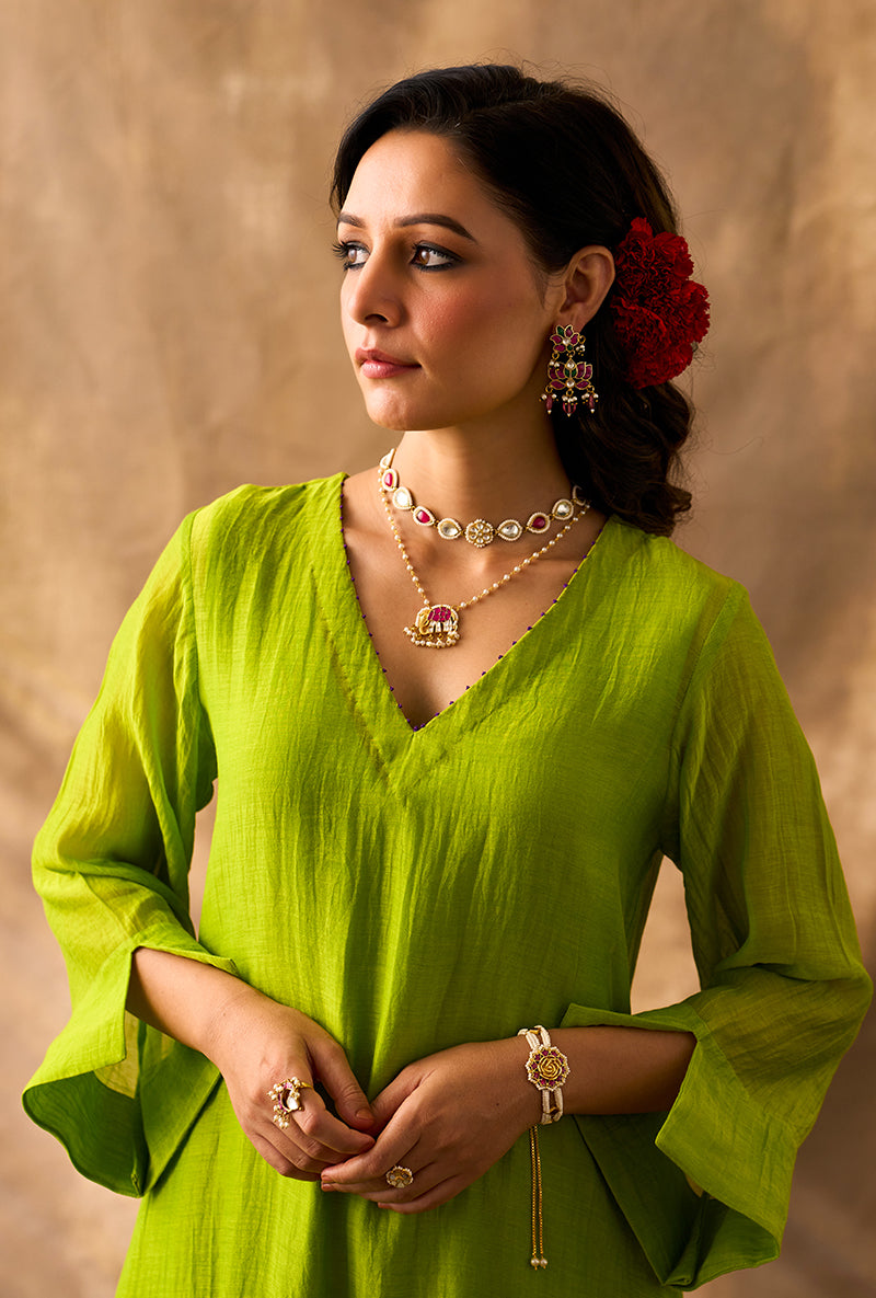 Parrot Green Hand Embroidered Khwaab Kurta Set