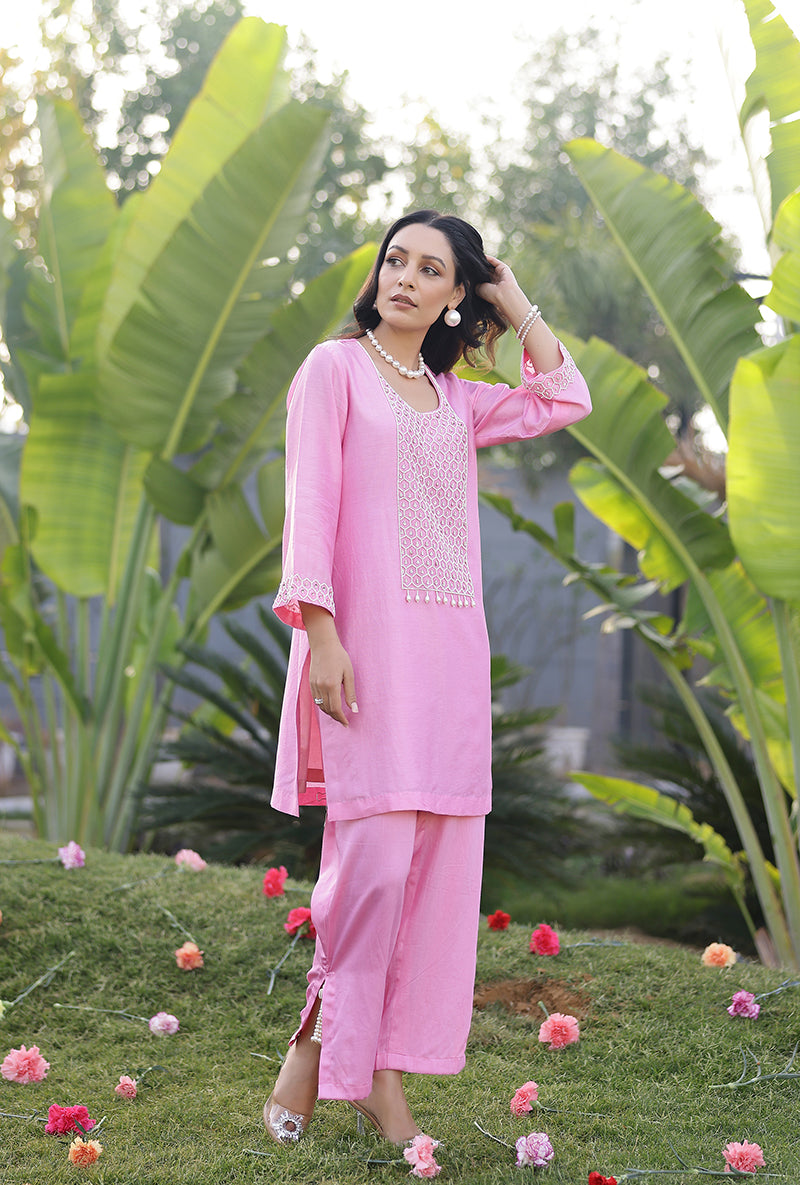 Pink Pearl Yoke Embroidered Magnolia Short Kurta Set