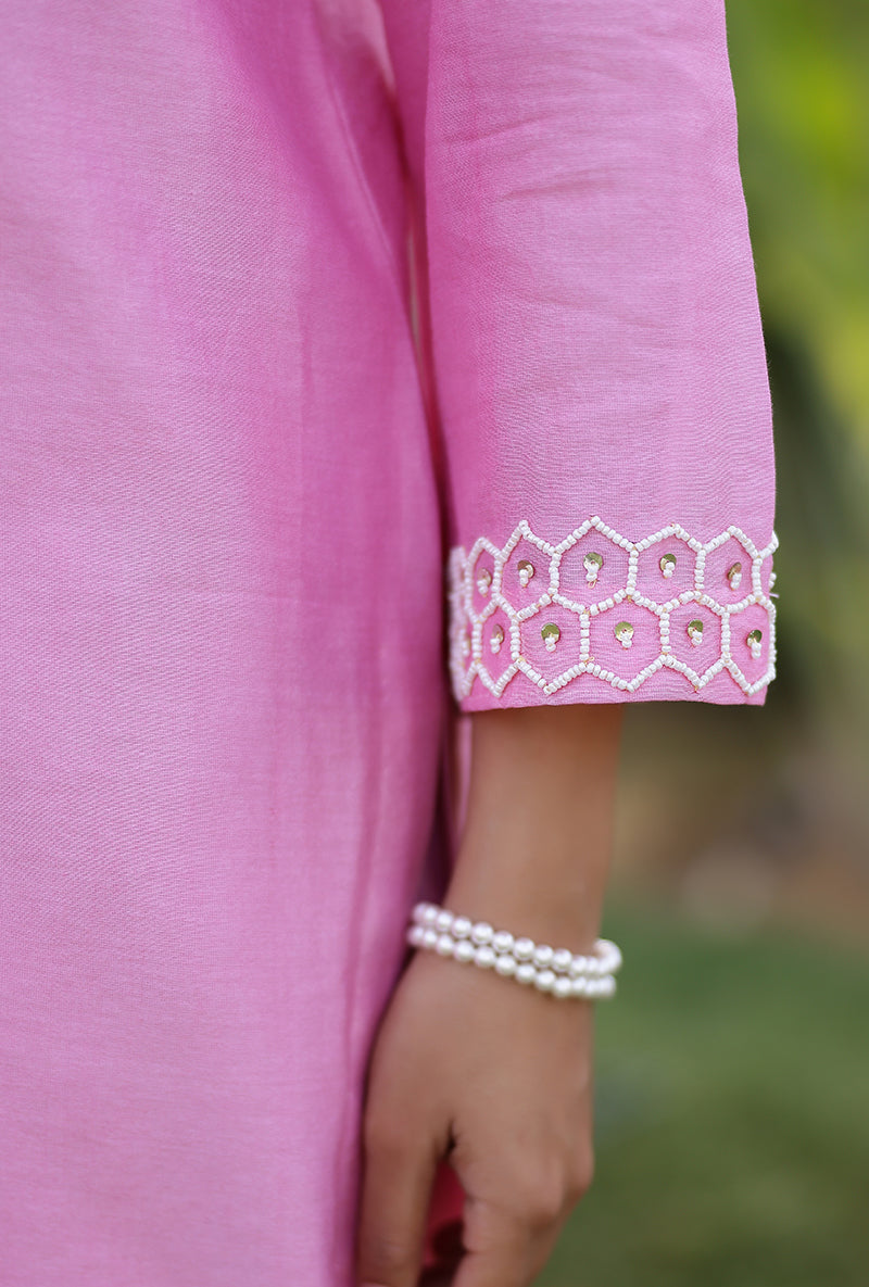 Pink Pearl Yoke Embroidered Magnolia Short Kurta Set