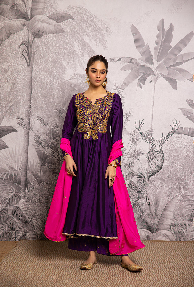 Purple Bird Embroidered Shaheen Front Pleat Kurta Set