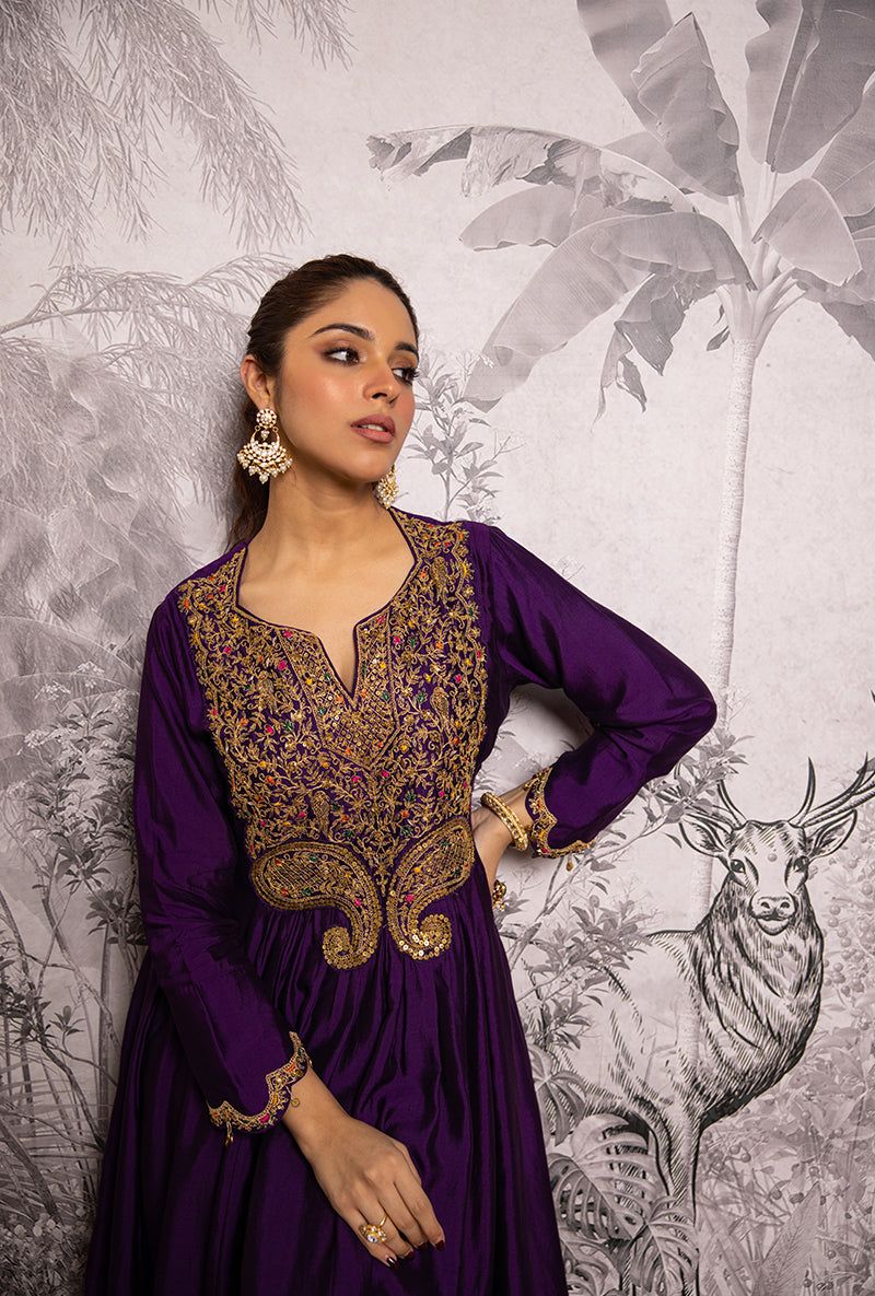 Purple Bird Embroidered Shaheen Front Pleat Kurta Set
