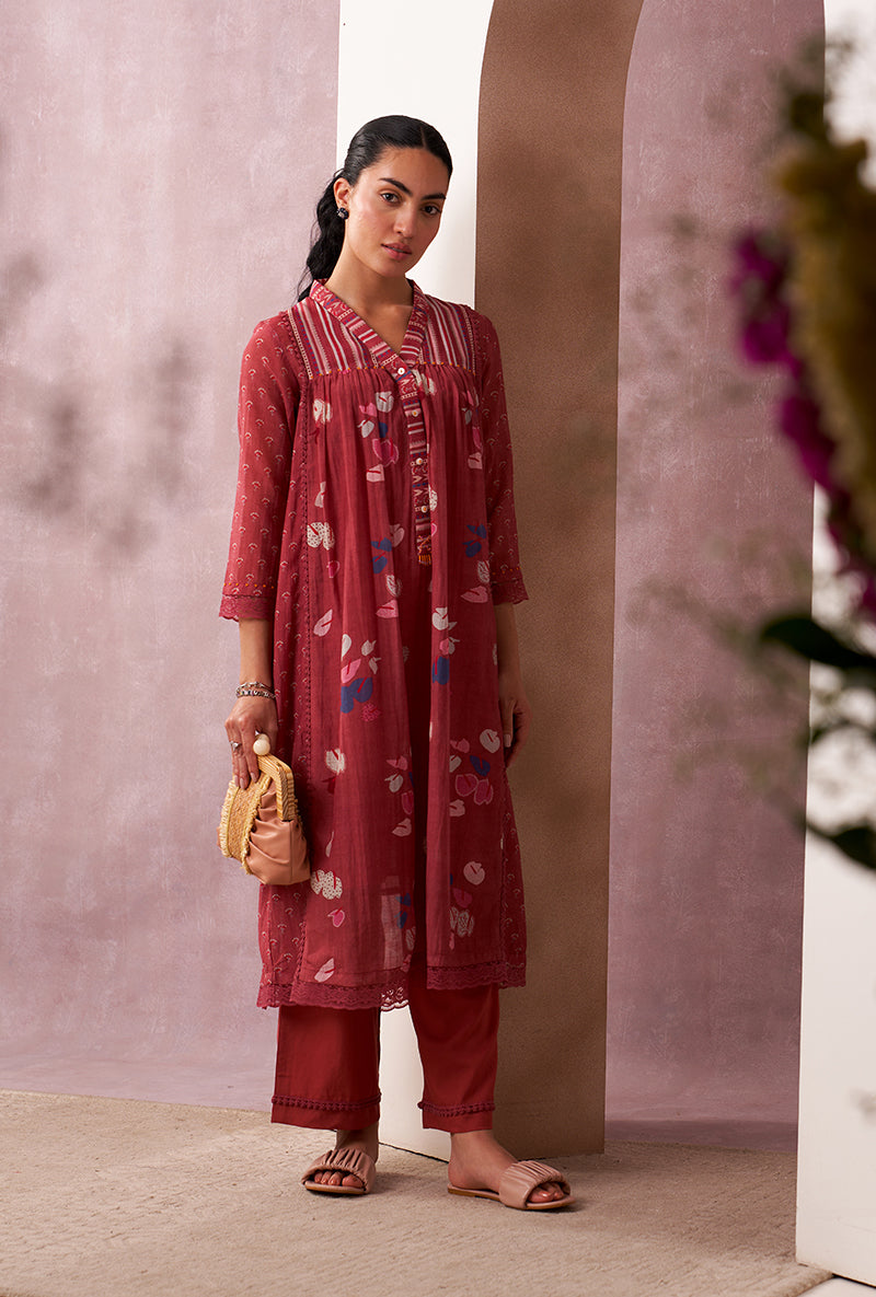 Red V-Neck Mahira Kurta Set