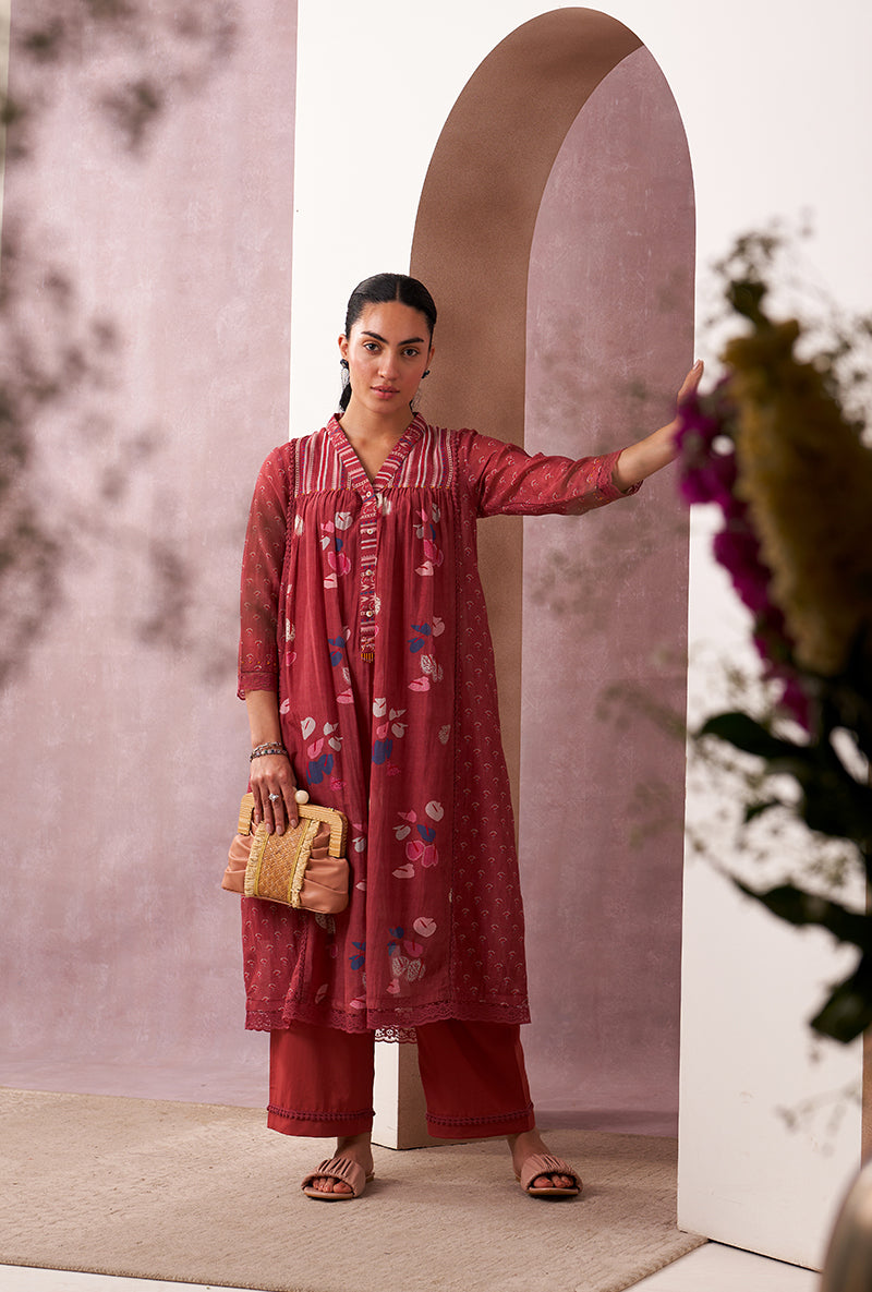 Red V-Neck Mahira Kurta Set