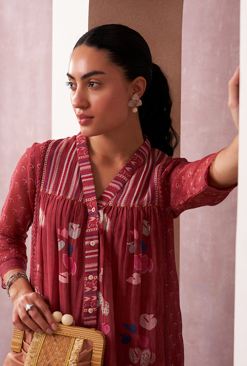 Red V-Neck Mahira Kurta Set