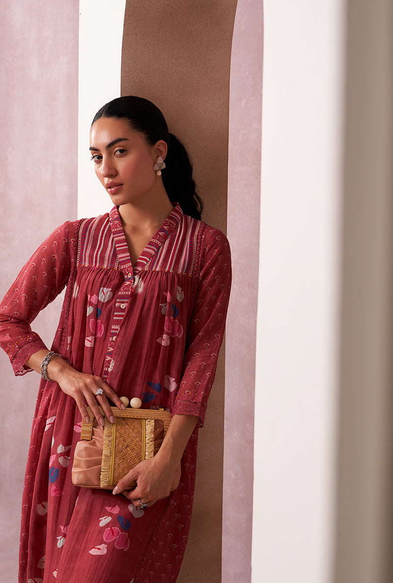 Red V-Neck Mahira Kurta Set