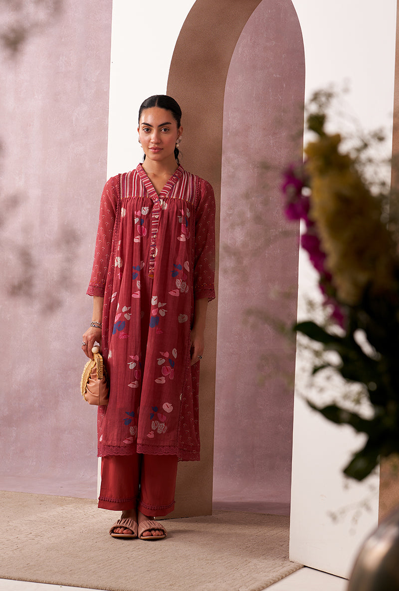 Red V-Neck Mahira Kurta Set