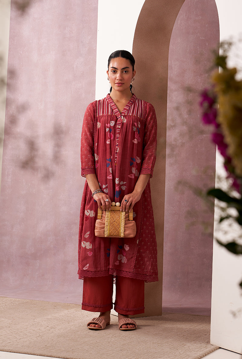 Red V-Neck Mahira Kurta Set