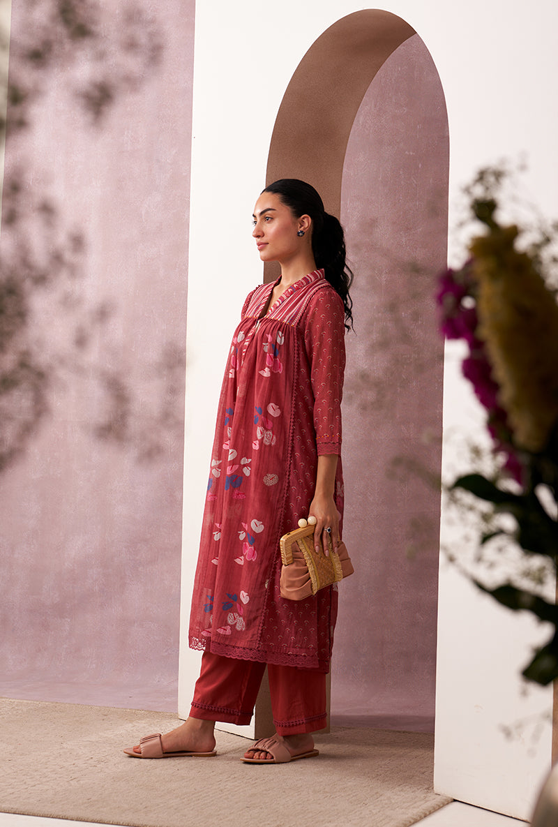 Red V-Neck Mahira Kurta Set