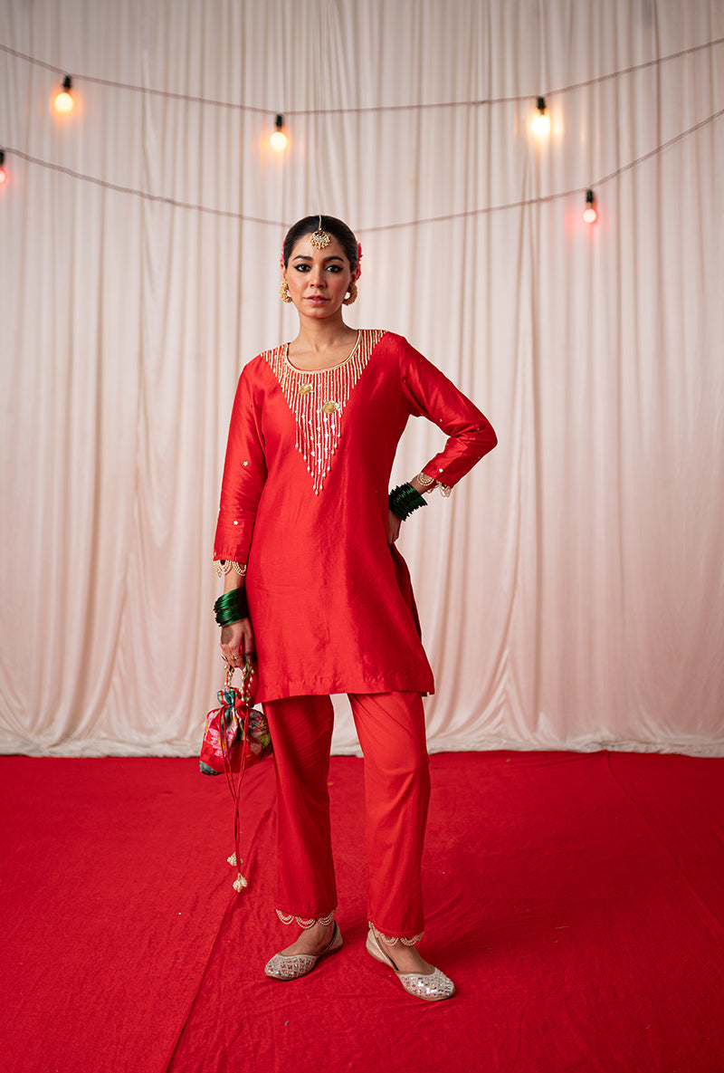 Red Yoke Embroidered Kamli 2.0 Kurta Set