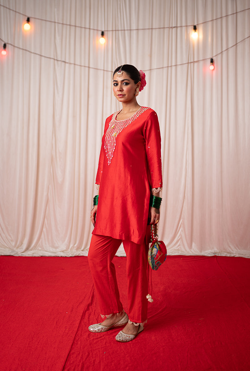 Red Yoke Embroidered Kamli 2.0 Kurta Set