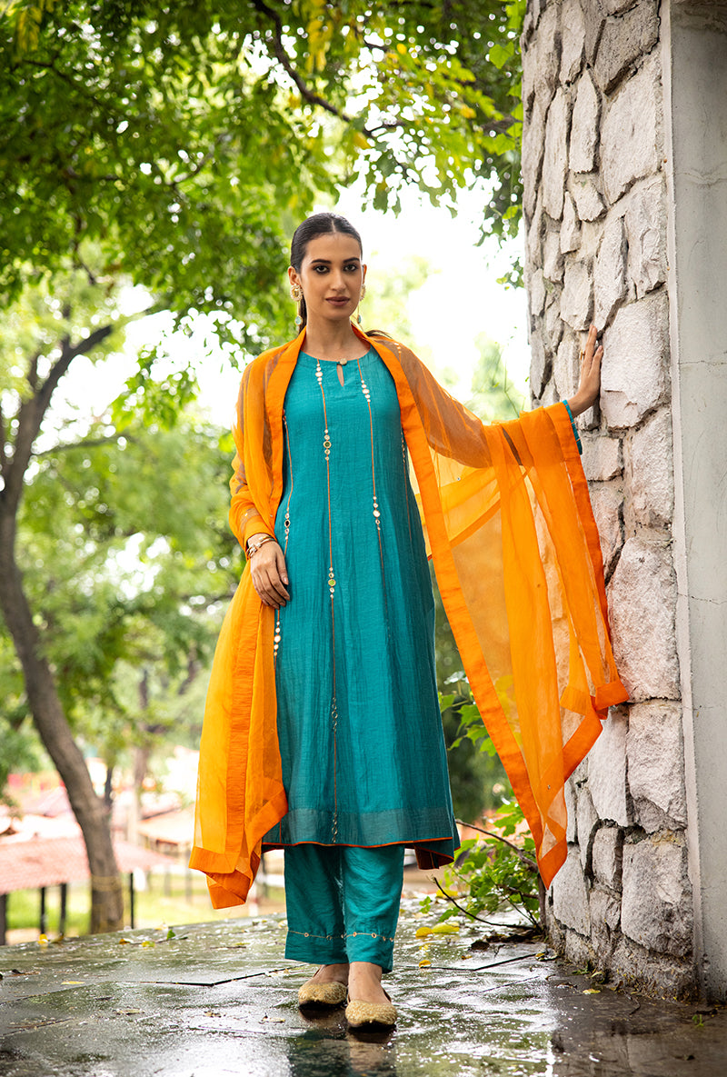 Turquoise Stripe Mirror Work Dor Kurta Set