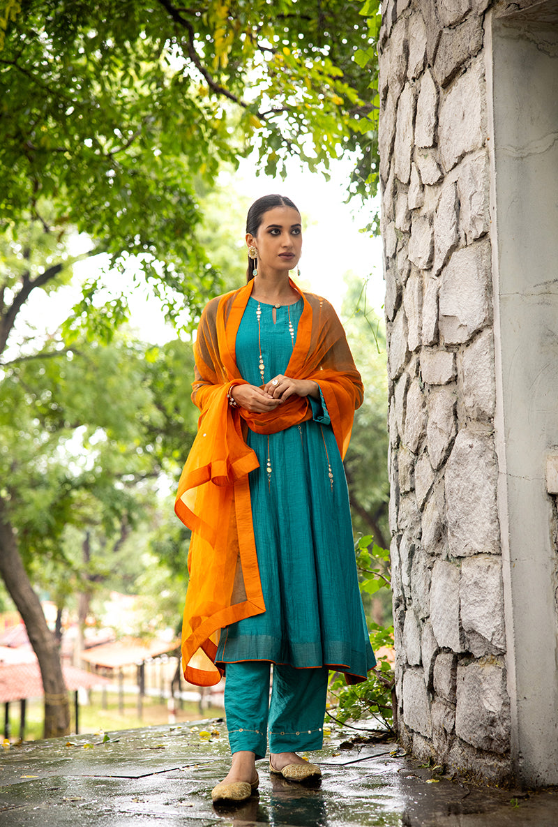 Turquoise Stripe Mirror Work Dor Kurta Set