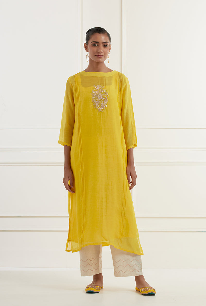 Yellow Embroidered Pintuck Sehar Kurta Set