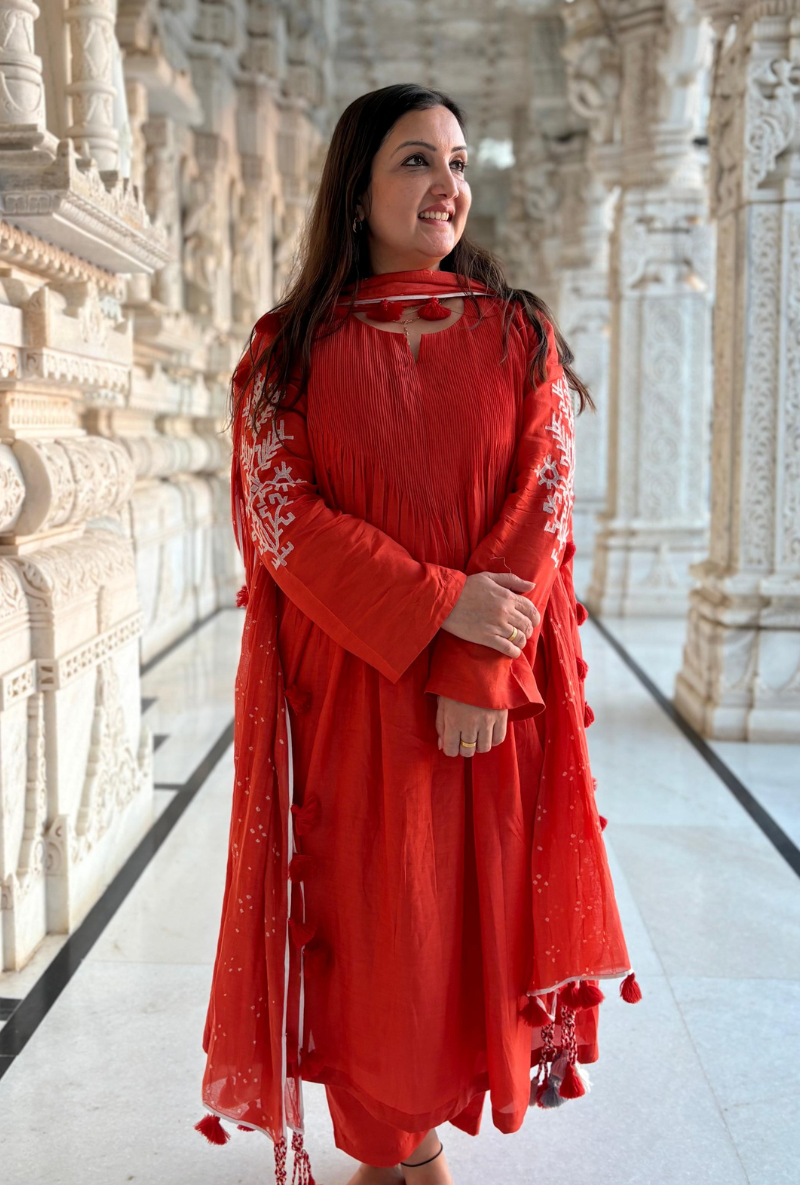 Madhuri Grover in Coral Motif Pintuck Inaya Kurta Set