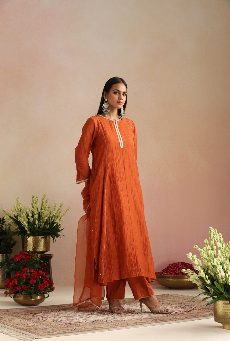 Burnt Orange Cheeta Work Itrh Kurta Set