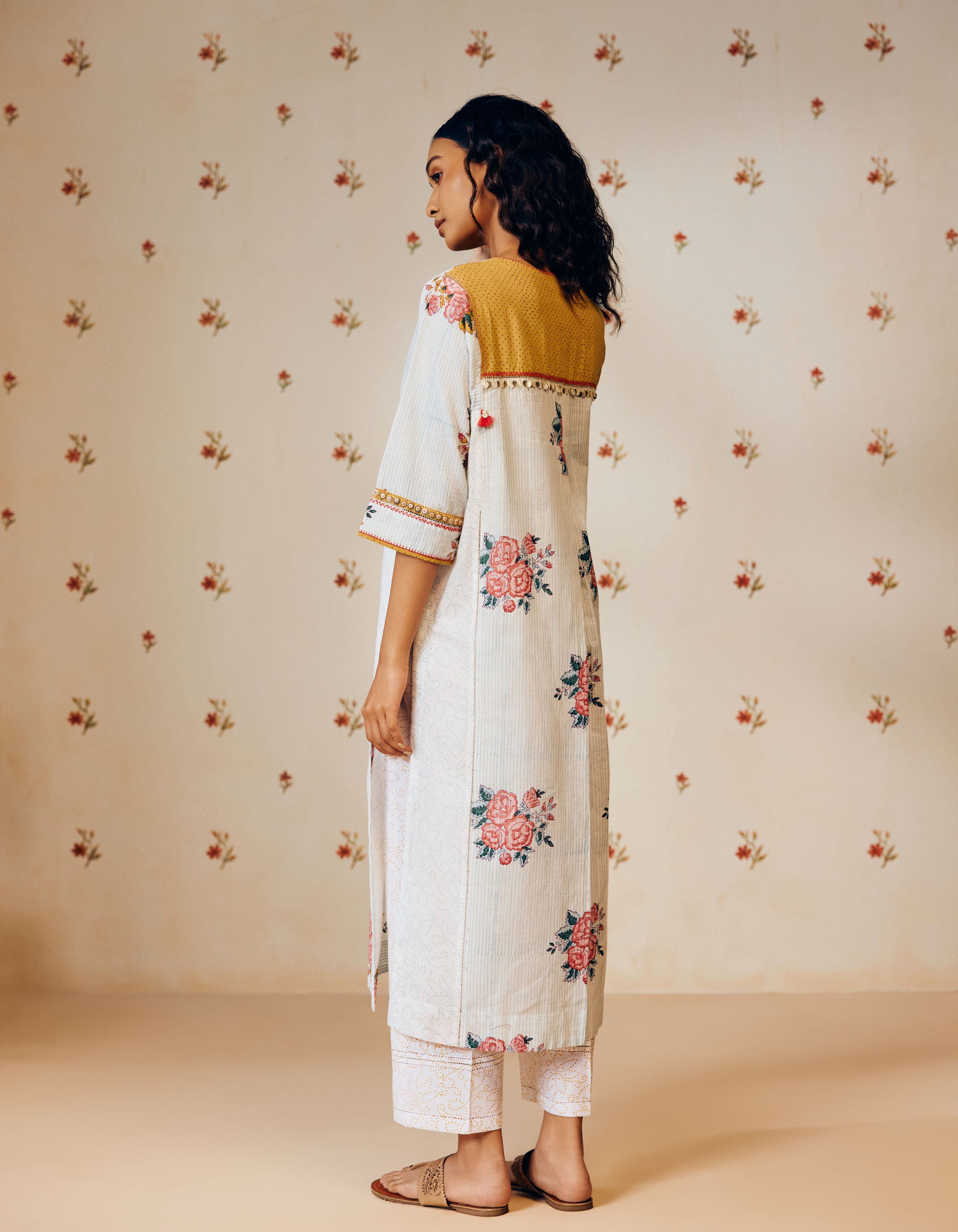 Powder Blue Rose And Bandhani Dot Hand Block Printed Mia Kurta Set