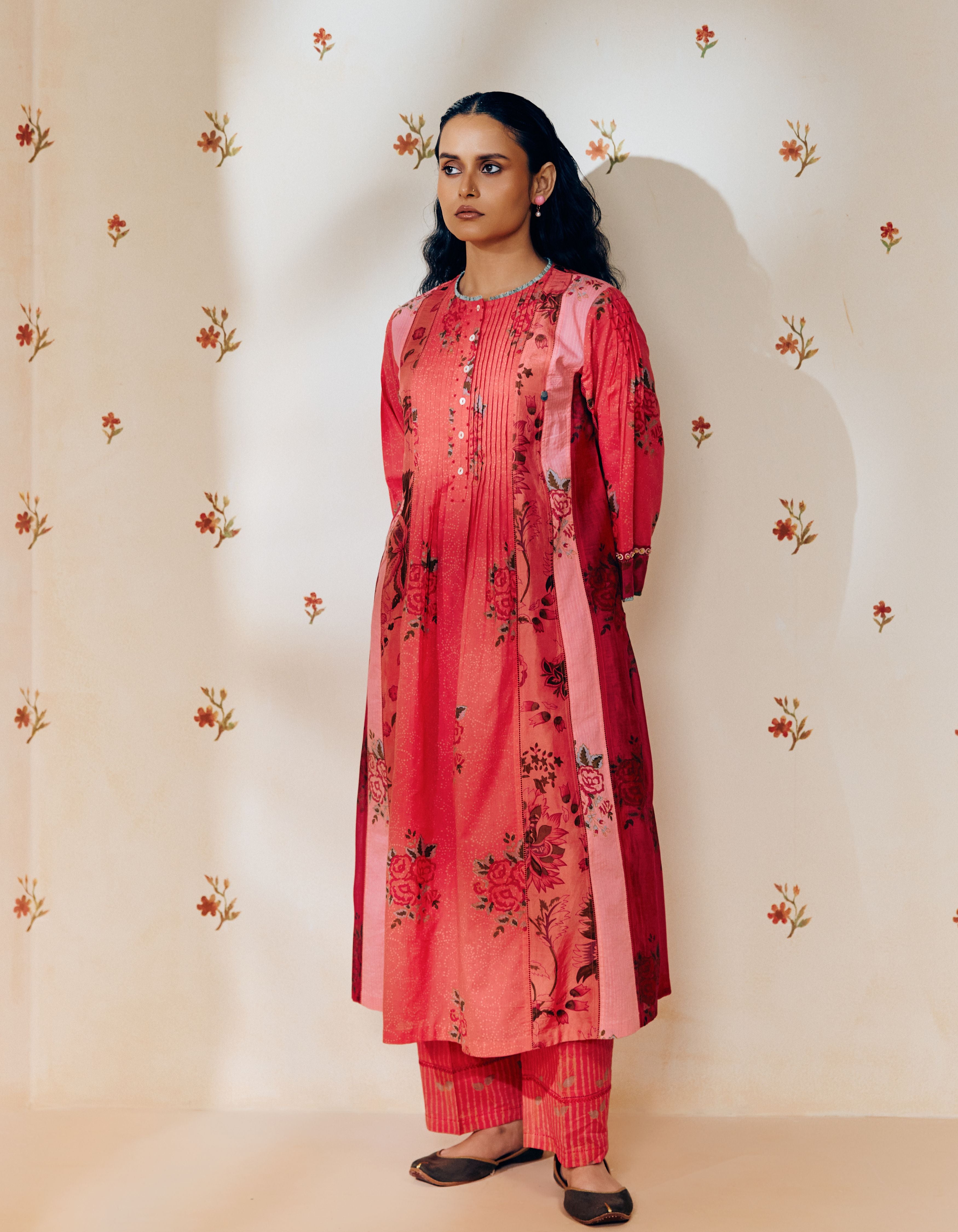 Rani Pink Pintuck Hand Block Printed Multi Panel Mia Kurta Set