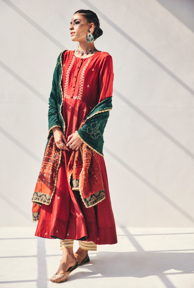 Red Antique Sequins Fiza Kurta Set