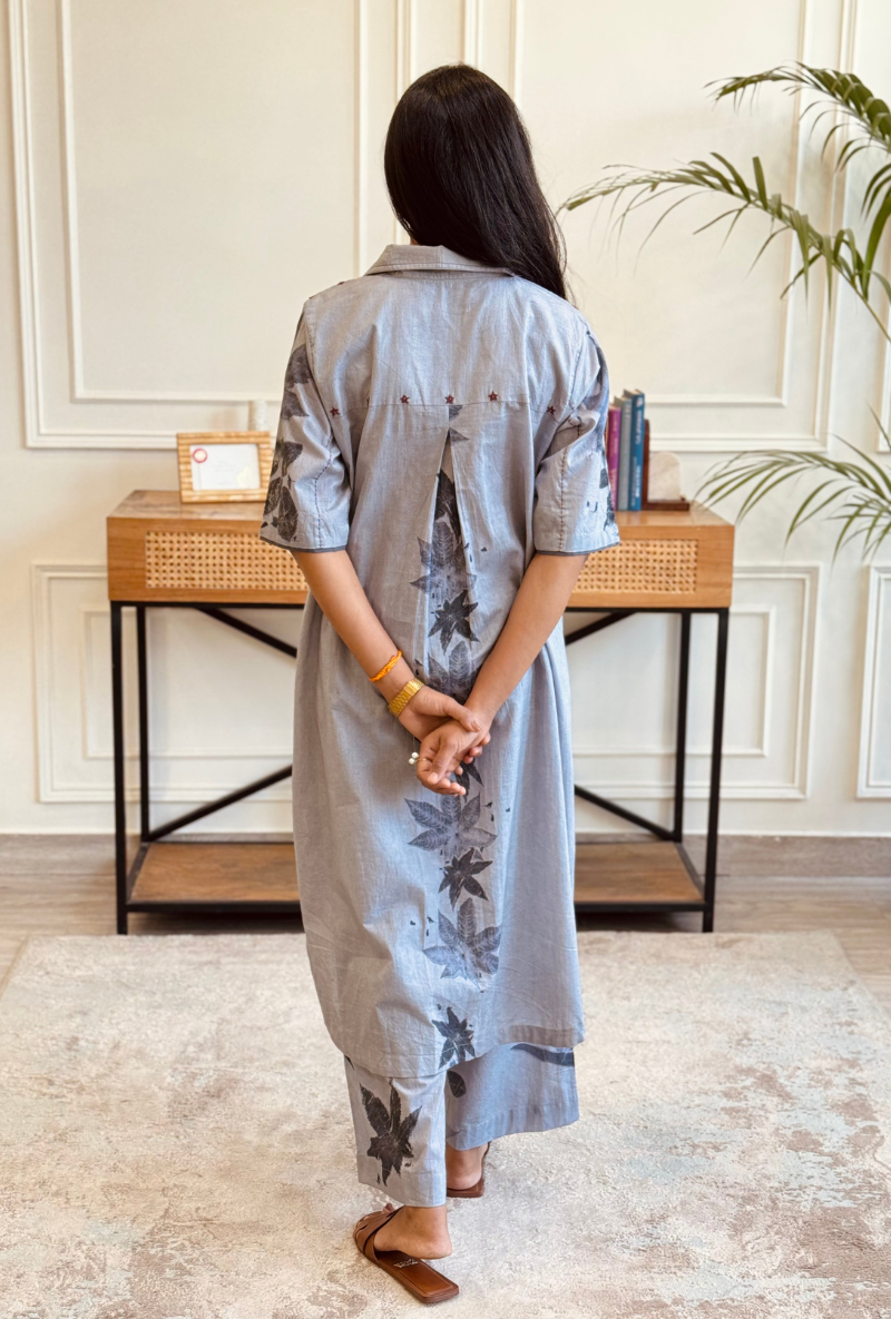 Jyoti Verma in English Blue Eco Print Long Shirt Co-ord Set