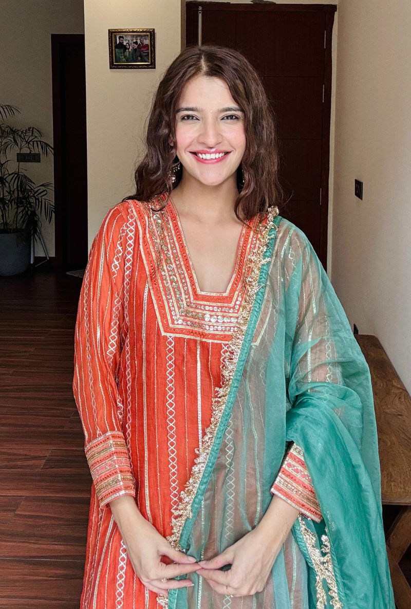 Varsha Rana in Rust Stripe Gota Gharara Set